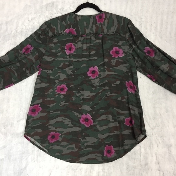 Beach Lunch Lounge Camo Floral Button Up Top Large Elastic Wrist Viscose Shirt - Picture 3 of 14